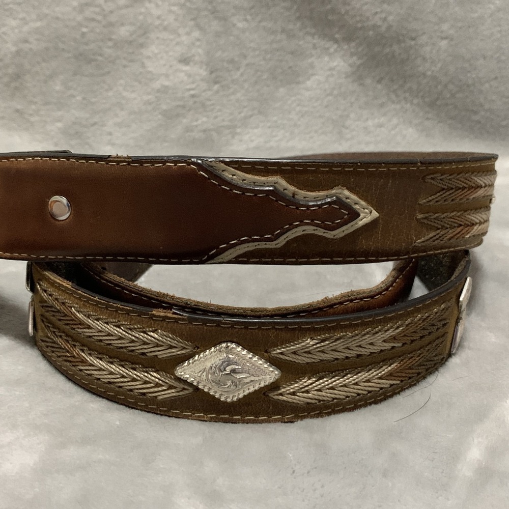 Vintage Nacona Mens Western Belt Size 40 Tooled Leather  Brown Tan Silver Cowboy